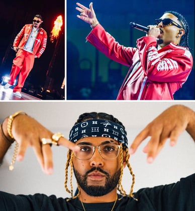 Mizzy Miles atua no palco com energia, vestindo um fato desportivo vermelho, e um retrato da artista com tranças douradas