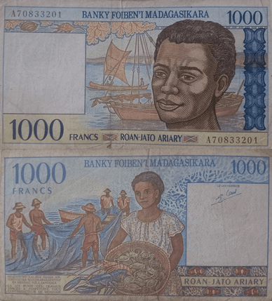 Банкнота Мадагаскару номіналом 1000 франків (що відповідає 200 аріарі), випущена в період з 1994 по 2004 рік