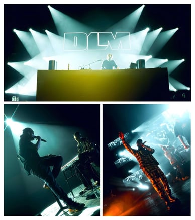 Três fotos de concerto dos Dealema: DJ na mesa de mistura com o logótipo DLM ao fundo, MC com microfone na cadeira e rapper com fato xadrez no palco
