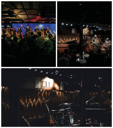 Drei Fotos von den Clubbühnen des Jazz Open Stuttgart: ein energiegeladener Auftritt eines großen Ensembles vor einem Publikum mit erhobenen Händen im SpardaWelt Eventcenter, ein Quartett mit Saxophon und Kontrabass im dunklen Saal des BIX Jazzclubs mit dem Jazz-Open-Logo und die leere Bühne des BIX mit Gitarre, Schlagzeug und Flügel, die auf die Musiker wartet