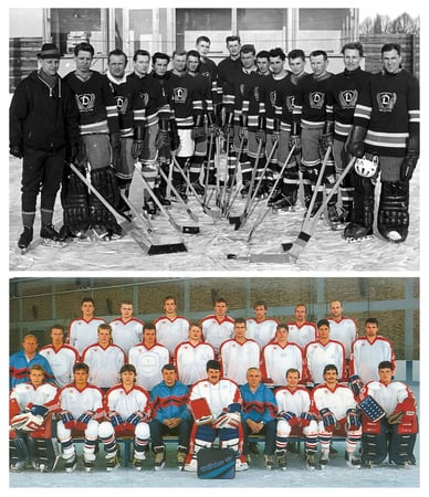 Schwarz-Weiß-Aufnahme des SC Dynamo Berlin aus den 1960er Jahren und Farbfoto des Kaders von Ende der 1980er Jahre in Trikots mit den Logos von Adidas und Dynamo Berlin