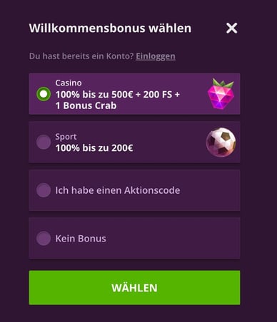 Registrierung von Malina Casino DE