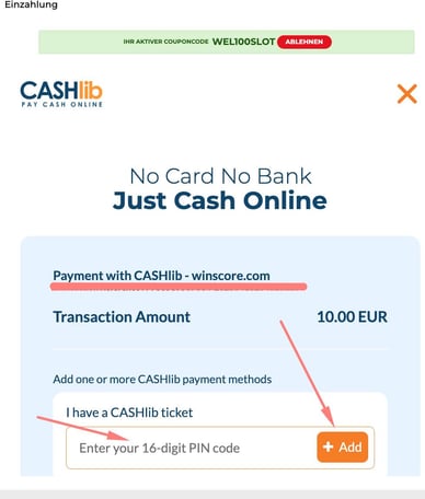 16-stelliger Gutscheincode Nehmen Sie eine Zahlung über CASHlib in einem deutschen Casino vor