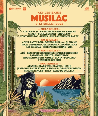 Affiche promotionnelle de Musilac 2025 annonçant la venue d'Amyl and the Sniffers et MC Solaar.