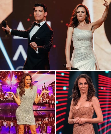 Filomena Cautela no palco de um programa de televisão com um vestido prateado e dourado ao lado do coapresentador