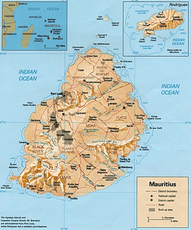 Географическая карта острова Маврикий, изданная Центральным разведывательным управлением США в 1990-х годах