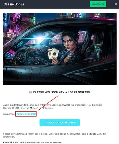 Bonuscode im Freispiele ohne Einzahlung Casino