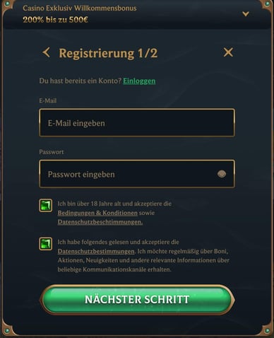 Der zweite Schritt der Registrierung bei Talismania online casino