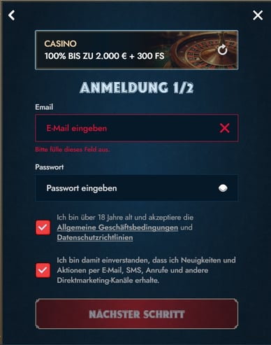 TowerCasino Registrierung