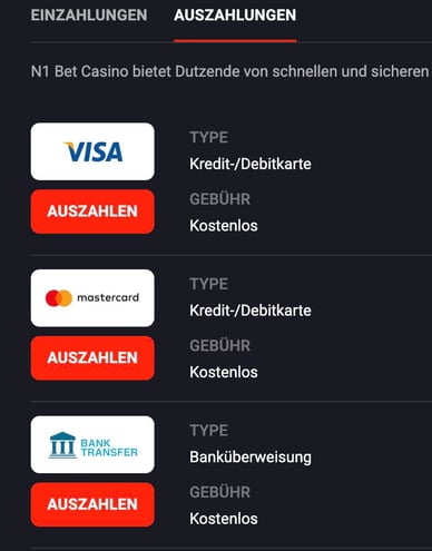 Gewinnauszahlungen in N1 Bet Deutschland