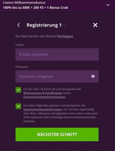 Anmeldung von Malina Casino DE