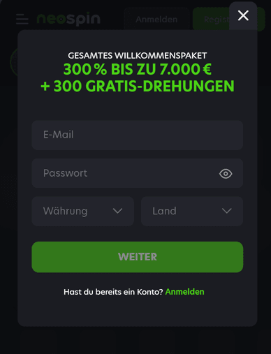 Registrierung im Casino Regestrieren im NeoSpin Casino