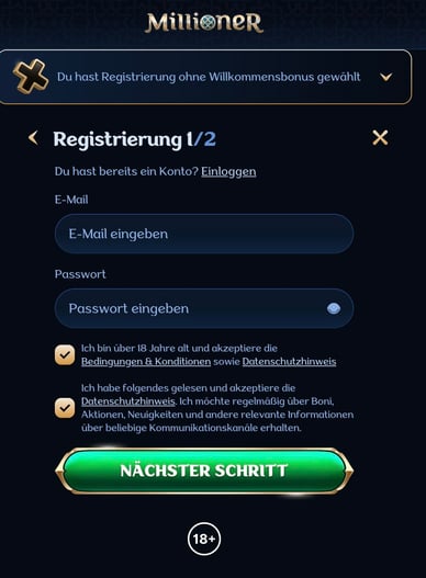 Registrierung in Online Casino Casino Millioner Registrierung