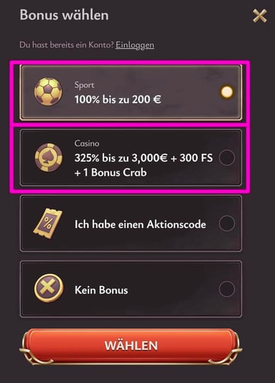 Willkommensbonus bei Registrierung