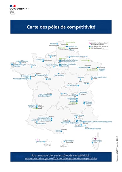 Carte détaillée de la France avec la Présentation des pôles de compétitivité.