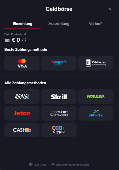 Einzahlung Einzahlung bei SpinEmpire Casino