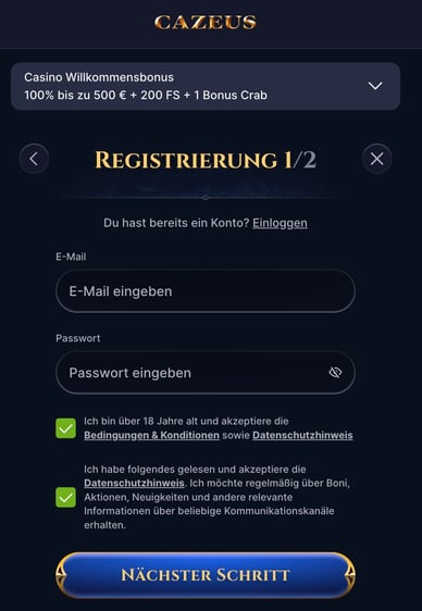 Cazeus Online Casino Benutzerregistrierung