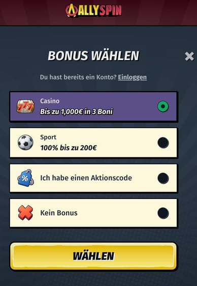 Schritt 1 – Registrierung bei Ally Spin Casino