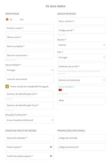 Formulário de inscrição Registo no ESC Online