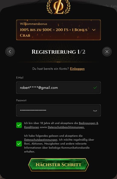 E-Mail und Passwort erforderlich, um sich für ein Legiano-Konto zu registrieren