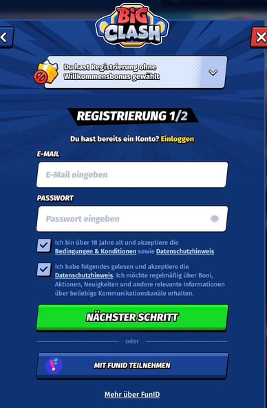 Registrierung in BigClash Online Casino