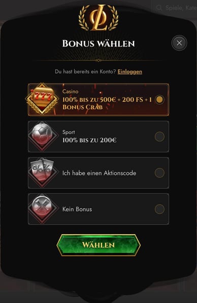Auswahl einer Boni bei der Anmeldung
