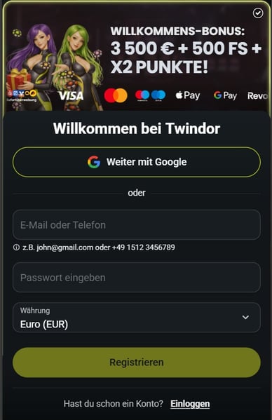 Registrierung in Casino Twindor Casino DE Registrierung