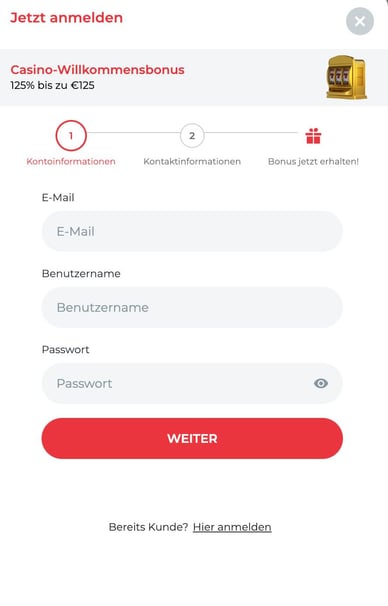 Registrierung in Casino Real Spin