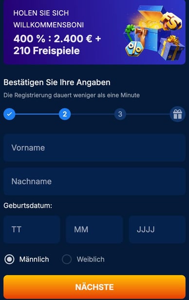 Geben Sie Ihre persönlichen Daten ein Ausfüllen des Antragsformulars für den neuen Spieler
