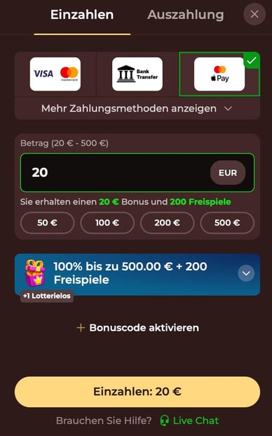 Wählen Sie Apple Pay, um eine Einzahlung im Casino vorzunehmen