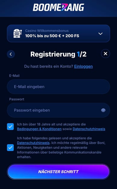 Registrierung in Boomerangbet Casino