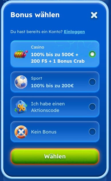 Wählen Sie einen Bonus aus den angebotenen Casinos