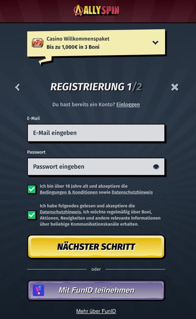 Schritt 2 – Registrierung bei AllySpin Deutschland