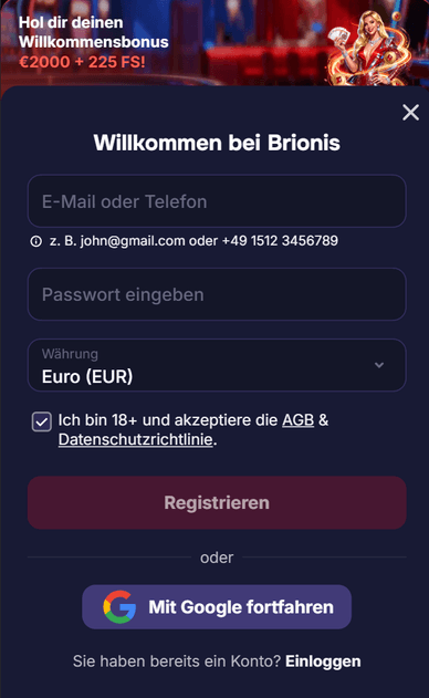 Registrierung im Casino Regestrieren im Brionis Casino