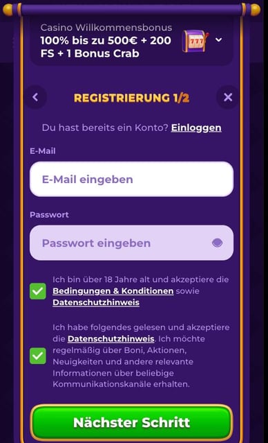 Anmeldeformular für die Erstellung eines Casino-Kontos