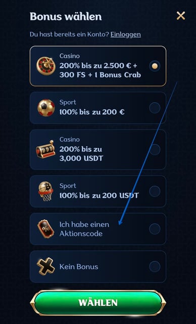 Aktivieren eines Casino-Bonuscodes