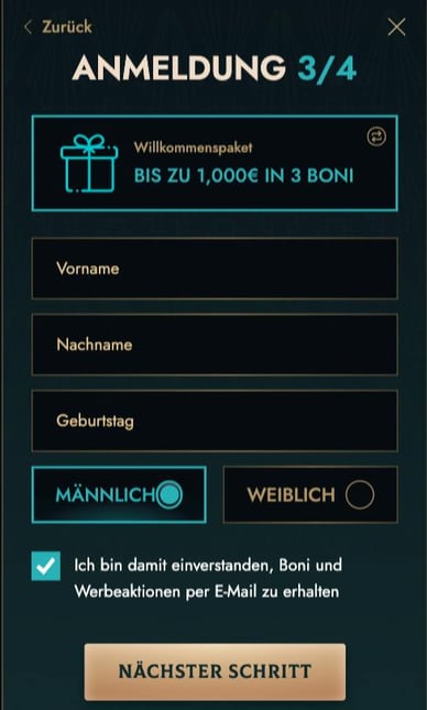 Geben Sie Ihre persönlichen Daten ein, wenn Sie ein Konto bei Dolly Casino eröffnen