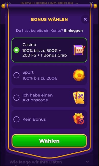 Wählen Sie einen Bonus auf der Royal Game Casino Website
