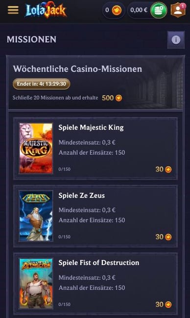 Missionen im Web-Casino Missionen in Lolajack Online Casino