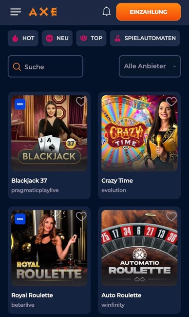 Live-Casino Live-Casino Spiele in AxeCasino