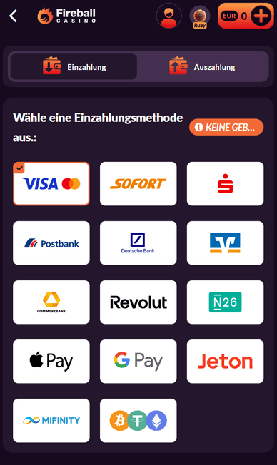 Zahlungsmethode im Casino Einzahlung im FireballCasino