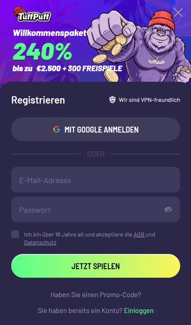 Anmeldung im Casino TuffPuff Casino Registrieren