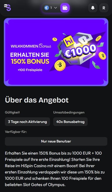 Willkommensangebot Casino Willkommensbonus HiSpin Online Casino