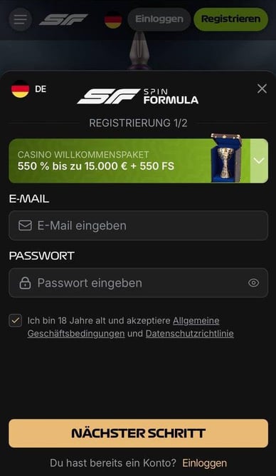 So funktioniert der SpinFormula Casino Login Anmeldung und Kontoerstellung beim SpinFormula Casino