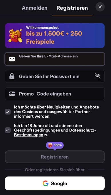 Registrierung in Online Casino Spinmacho Sign Up