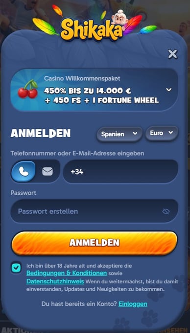 Anmeldung Casino Registrierung Shikaka Casino