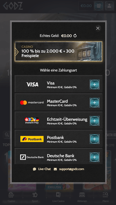 Einzahlungsmethode im Godz-Casino