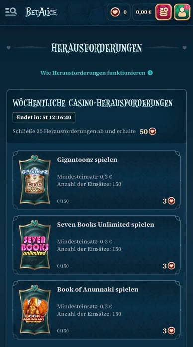 BetAlice Casino DE Herausforderungen