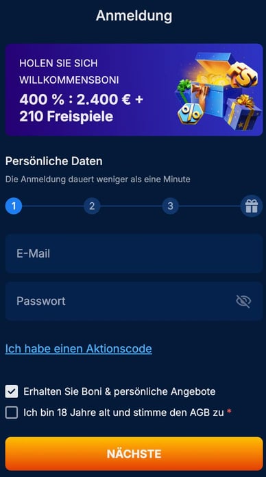 Der erste Schritt der Registrierung im Casino OnlyWin DE Registrieren Sie ein Konto im Only Win Casino