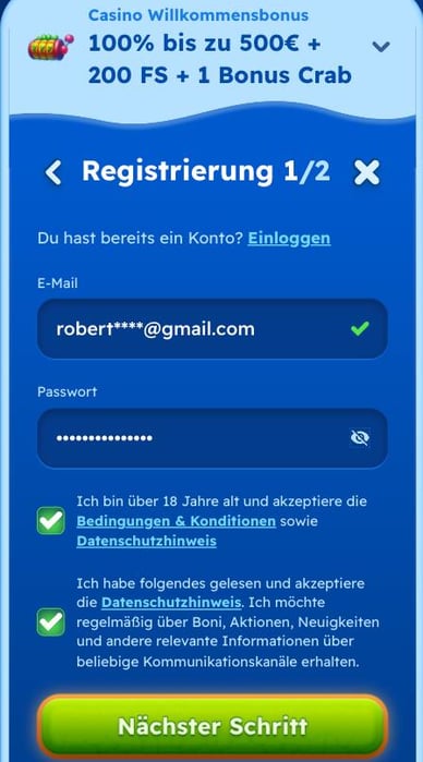 Der Prozess der Registrierung eines Kontos auf der offiziellen Spinfest-Website